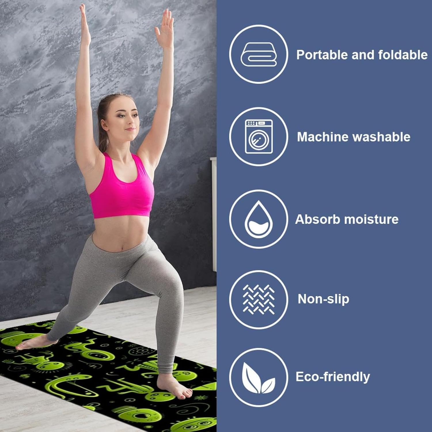 Yoga Towel, Outer Space Alien Pattern Non Slip Sweat Absorbent Hot Yoga Mat Towel for Hot Yoga, Pilates and Fitness - 72.8" x 26.8"
