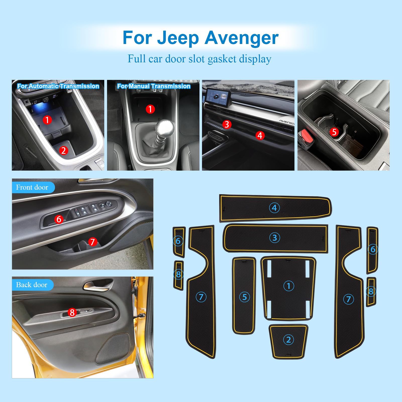 Tappetini Antiscivolo Compatibile con Jeep Avenger 2023 2024, Tappetini in Gomma per Console Centrale, Portabicchieri, Cuciture Porta, Braccioli, Jeep Avenger Tappetino per Auto (Giallo)