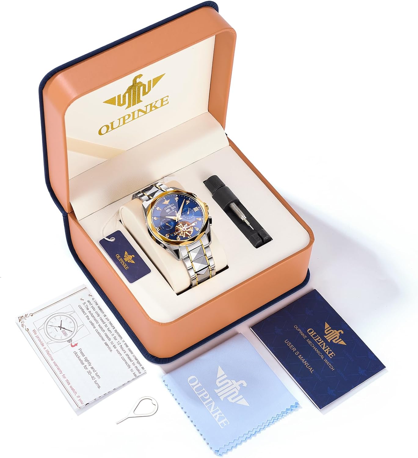 OUPINKE Men’s Watches Automatic Self-Winding Luxury Diamond Mirror Skeleton Mechanical Watch Date Dress Business Tungsten Steel Waterproof Luminous Wrist Watches for Men - Image 2