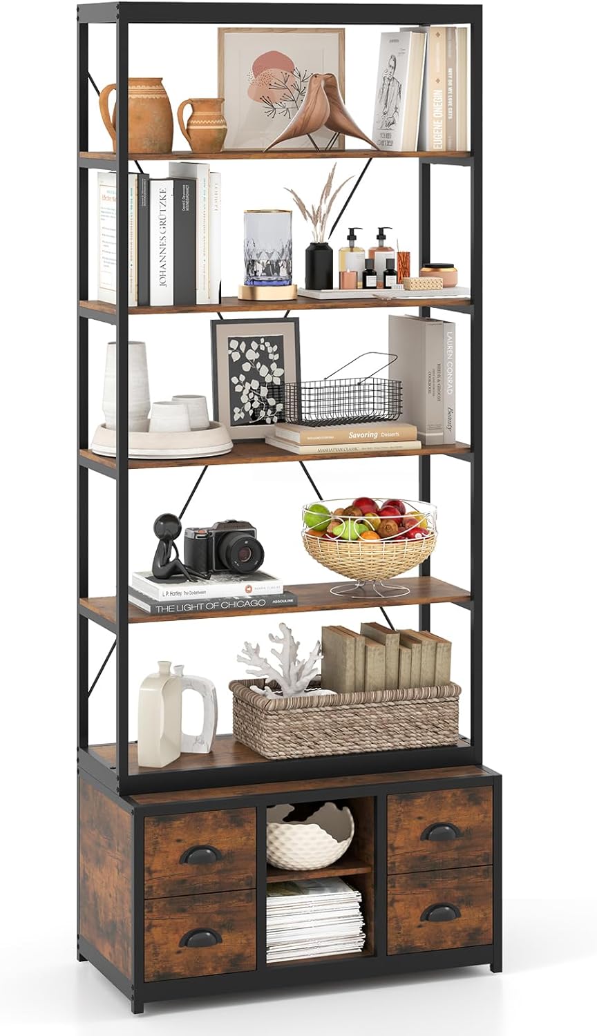 Giantex 8-Tier Bookshelf with Storage, 79" Freestanding Bookcase with 4 Fabric Drawers & Adjustable Shelf, Industrial Display Stand with Heavy-Duty Metal Frame for Living Room Bedroom Study (1)