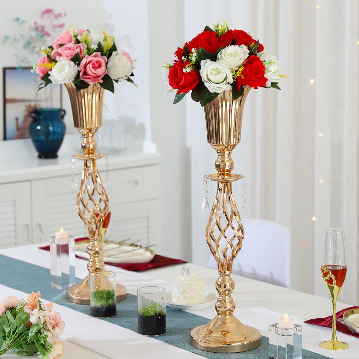 Sziqiqi 55cm Oro Vaso Centrotavola Matrimonio per Tavola - 2 Pezzi Alto Grande Vasi Fiori con Catena in Cristallo Battesimo in Metallo Centrotavola per Compleanno Anniversario Ricevimento Baby Shower