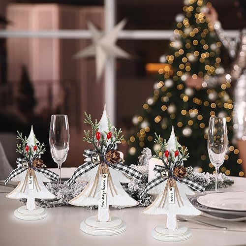 Miniatura 6 de Soaoo 3 piezas de árboles de Navidad de madera, decoración de mesa, árboles de Navidad de madera rústica, centros de mesa independientes, centro de