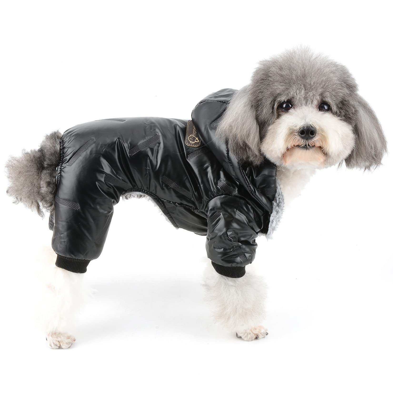 Zunea Waterproof Dog Snowsuit for Small Dogs Winter Coat Warm Fleece Lined Hoodie Puppy Clothes with Legs Thick Windproof Overall Jumpsuit Cold Weather Cool Pet Dog Apparel Outfits with Hood Black L