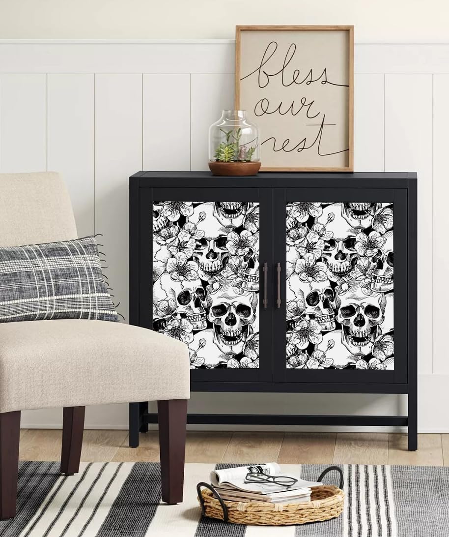 Sugar Skull Floral Peel and Stick Wallpaper - Waterproof, Thick, Self-Adhesive, Removable, Black/White, 17.5" x 393.7"