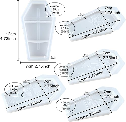 Miniatura 2 de Caja de ataúd de resina epoxi moldes de silicona con tapas para Halloween, bandeja de almacenamiento de joyas, juego de 5 en juego
