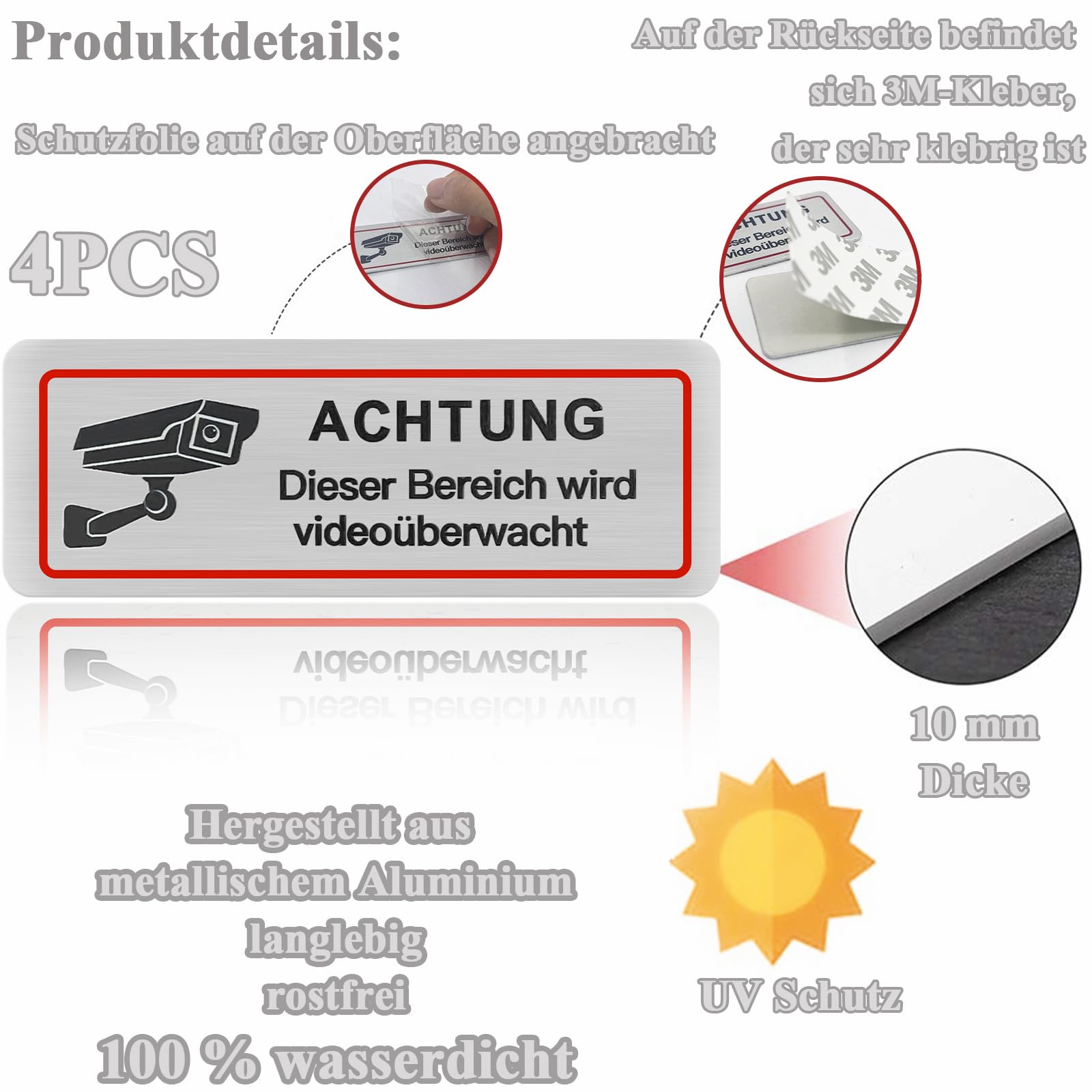 4 Stück Videoüberwachung Schilder – 85×30 Mm, Aluminium, Wetterfest – Warnaufkleber Für Privatgrundstück