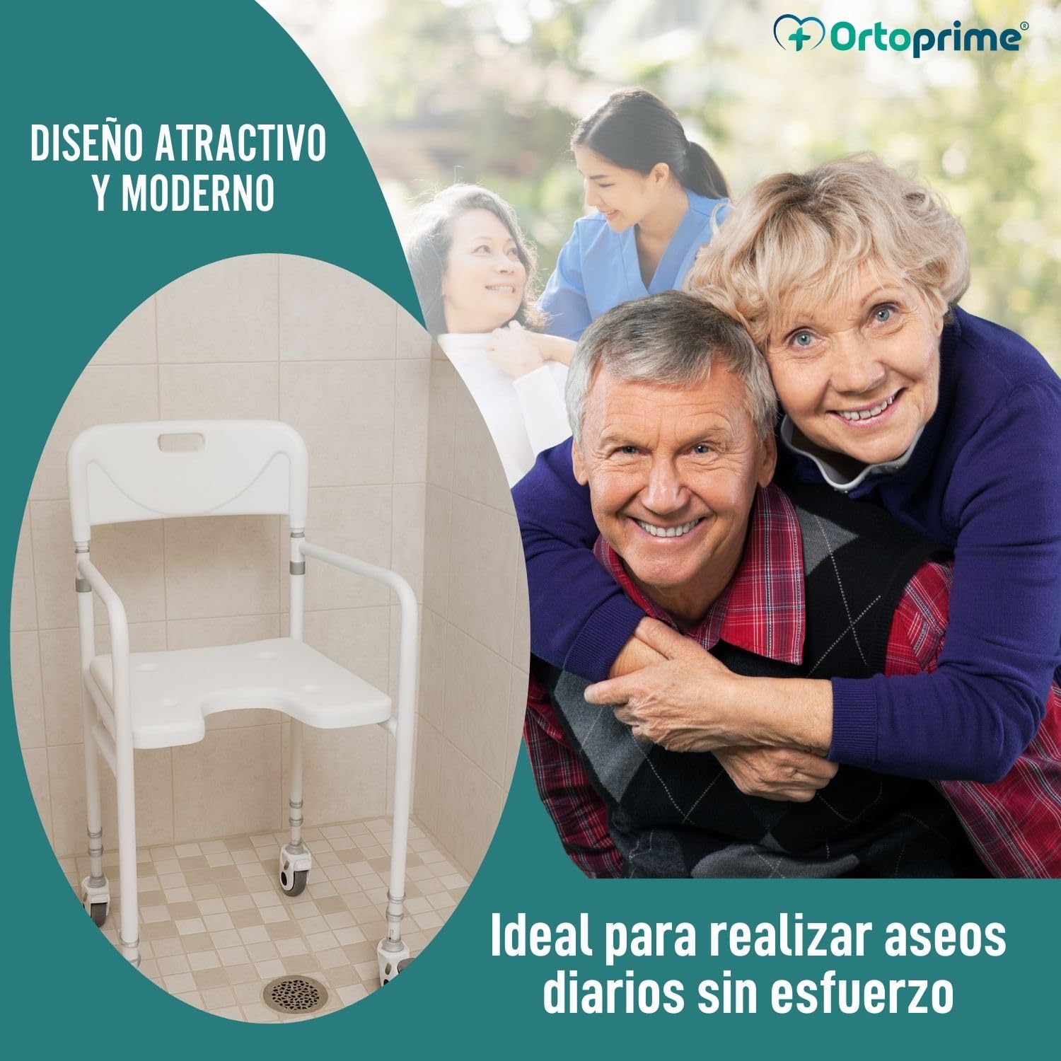 OrtoPrime Silla Ducha Personas Mayores Forma U con Ruedas Silla Baño Adultos Plegable - Silla Ducha Mayores Ortopédica - Silla de Baño Taburete Ducha para Mayores con Respaldo Altura Regulable