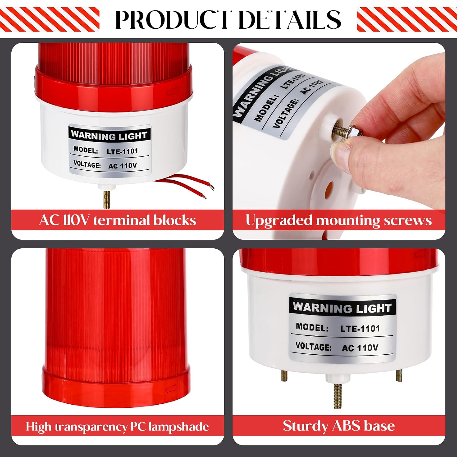 6 Pack Industrial LED Rotating Strobe 110v Warning Light Red Strobe Emergency Flashing Signal Silent Visual Siren Light for Factory, Warehouse, Worksite, Workshop