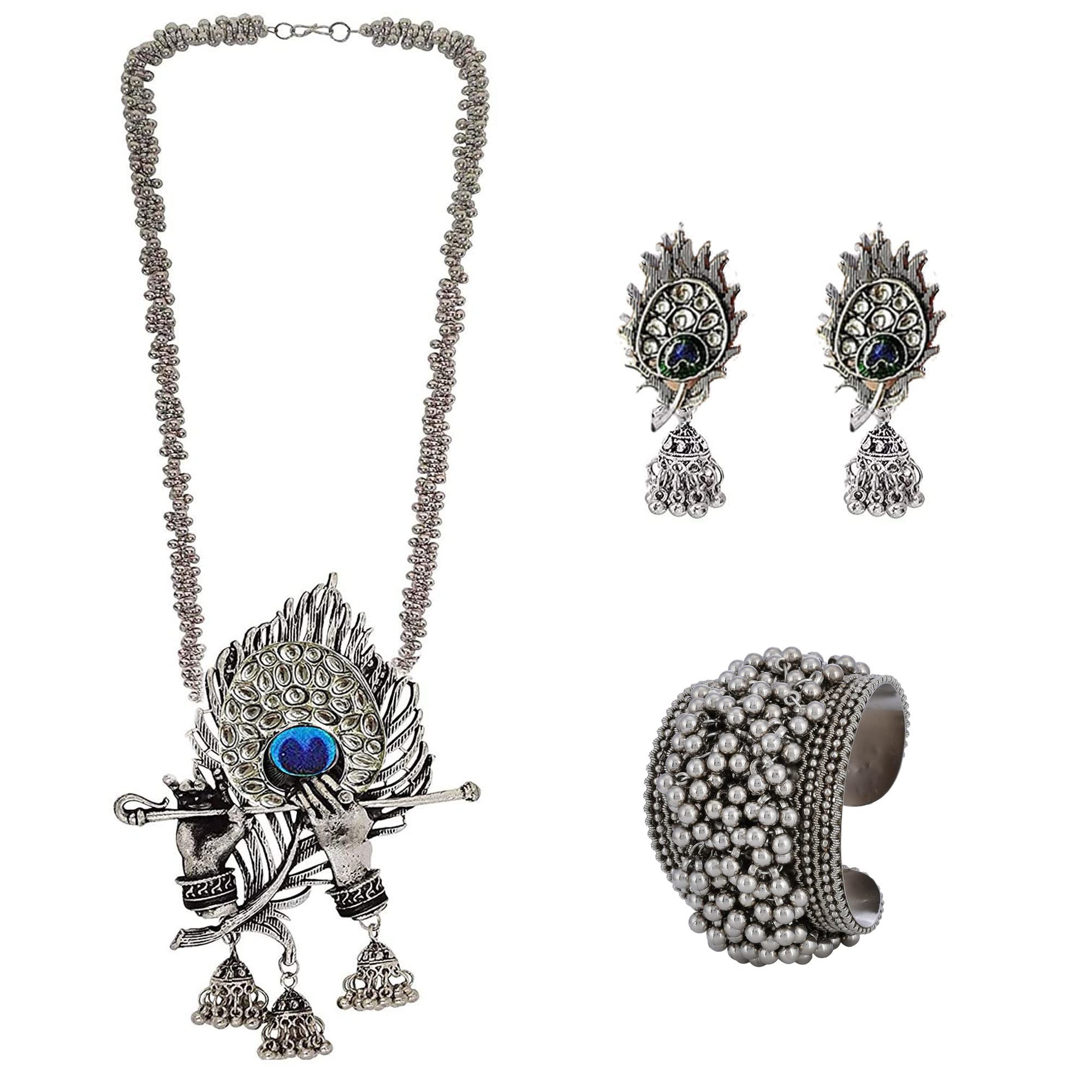 YOTOG Combo Of Traditional Temple Jewellery Boho Style Krishna Flute Necklace Pendant Set With Jhumka Earrings And Garman Silver Ghungroo Cuff Bracelet For Woman And Girl (B09XXV3WPW) Amazon Price History, Amazon Price Tracker