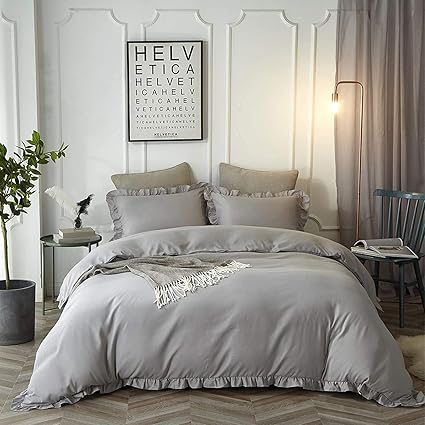 Amazon Forhomelife 布団カバー シングル 3点セット フリル 可愛い 寝具カバぜーセット 掛け布団カバー ボックスシーツ 枕カバー 肌に優しい ピーチスキン加工 洗い替え 速乾 グレー シングル３点セット 寝具カバーセット オンライン通販