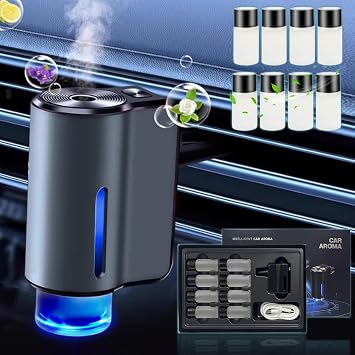 Car Air Freshener Diffuser, Smart Car Air Freshener with 3 Adjustable Light Modes, Auto On/Off, Long-Lasting,Rechargeable Aromatizante para Carro with 8pcs Essential Oil Grey