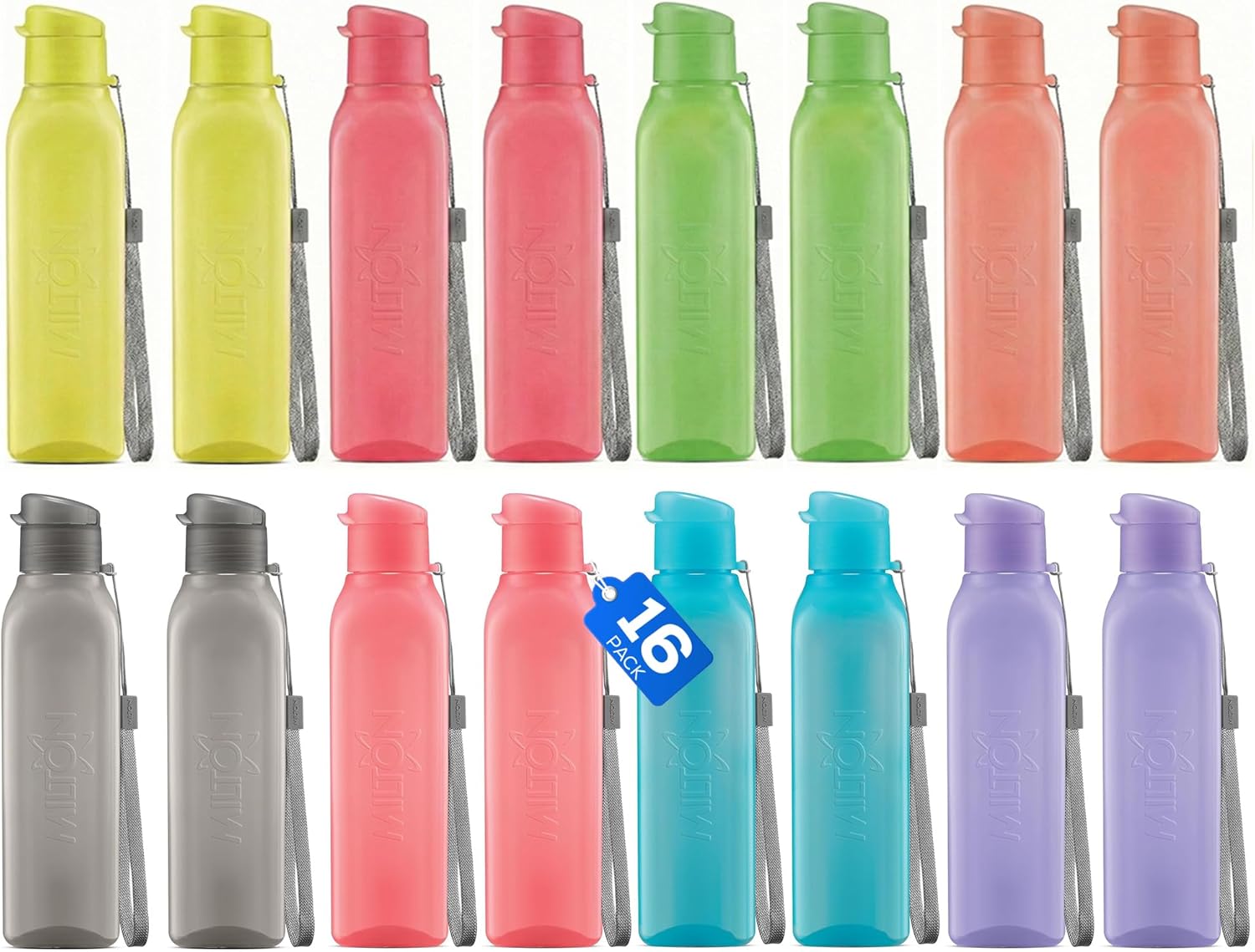 Bulk Water Bottles Set of 16 –17oz Multicolor Sports Bottles for Kids and Adults – Leak Proof Water Bottles with Carry Strap – Square Reusable Bottles for Juice, Drinks – BPA-Free Dishwasher-Safe
