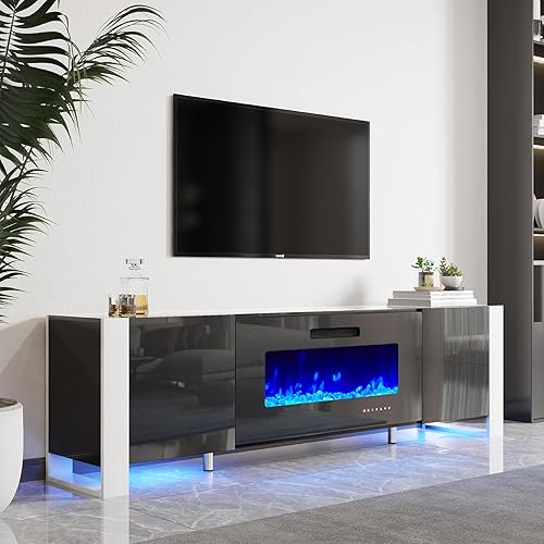 AMERLIFE Fireplace TV Stand with 40" Fireplace, 80" Modern High Gloss Entertainment Center LED Lights, U-Shaped Legs TV Console Cabinet for TVs Up to 90", Black