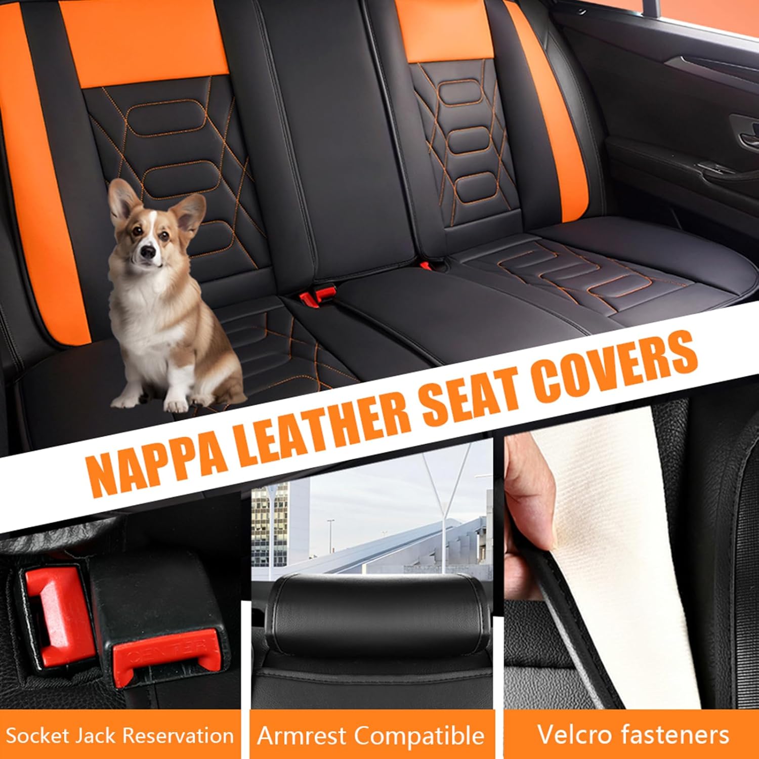 Car Seat Covers for Honda Passport 2024-2026, Full Set 5 Seat Premium Napa Leather Waterproof Breathable Anti-Slip Seat Protectors with Airbag Compatible Design(Standard,Black&Orange)