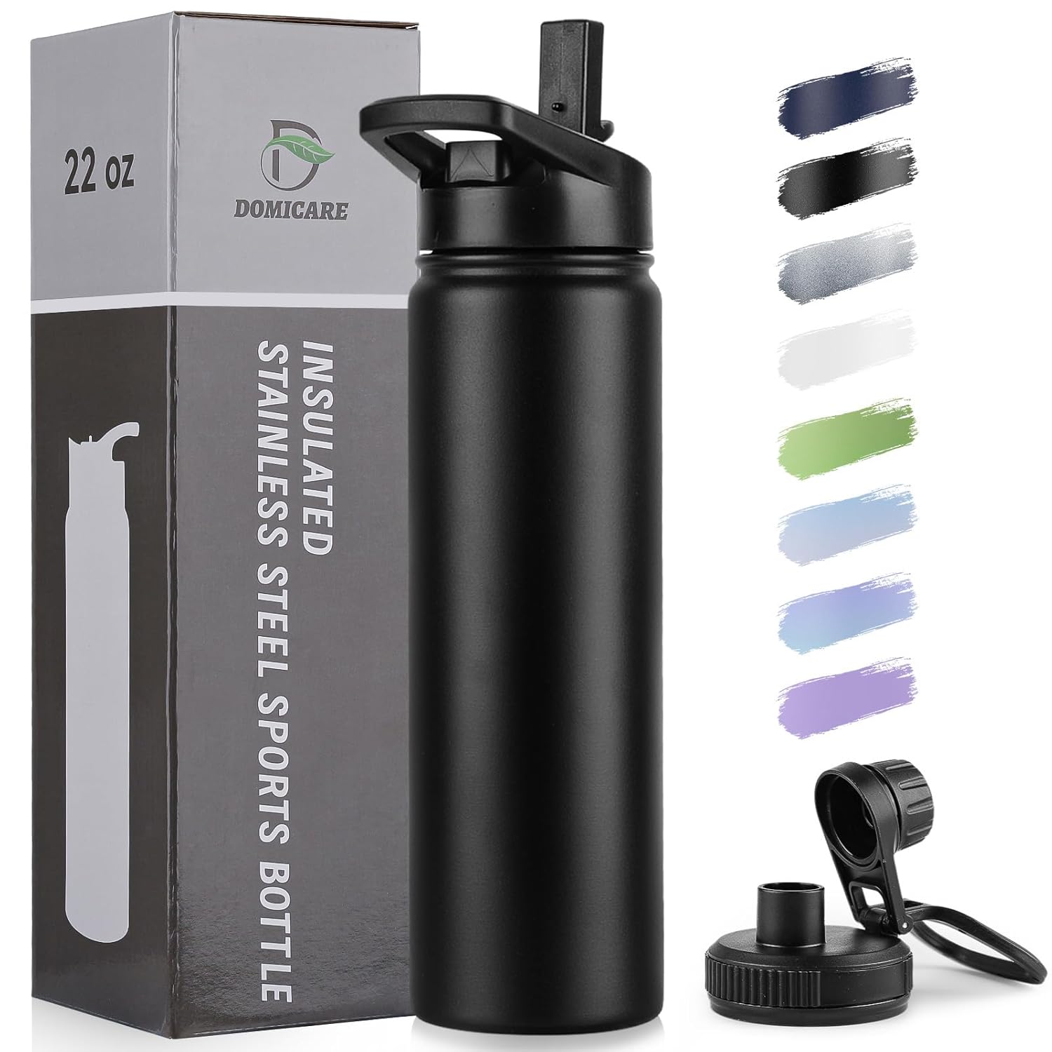 DOMICARE Insulated Water Bottle 22 oz Vacuum Insulated Stainless Steel Reusable Sports Bottle with Straw Lid Spout Lid