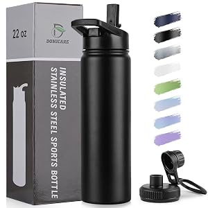 DOMICARE Insulated Water Bottle 22 oz Vacuum Insulated Stainless Steel Reusable Sports Bottle with Straw Lid Spout Lid