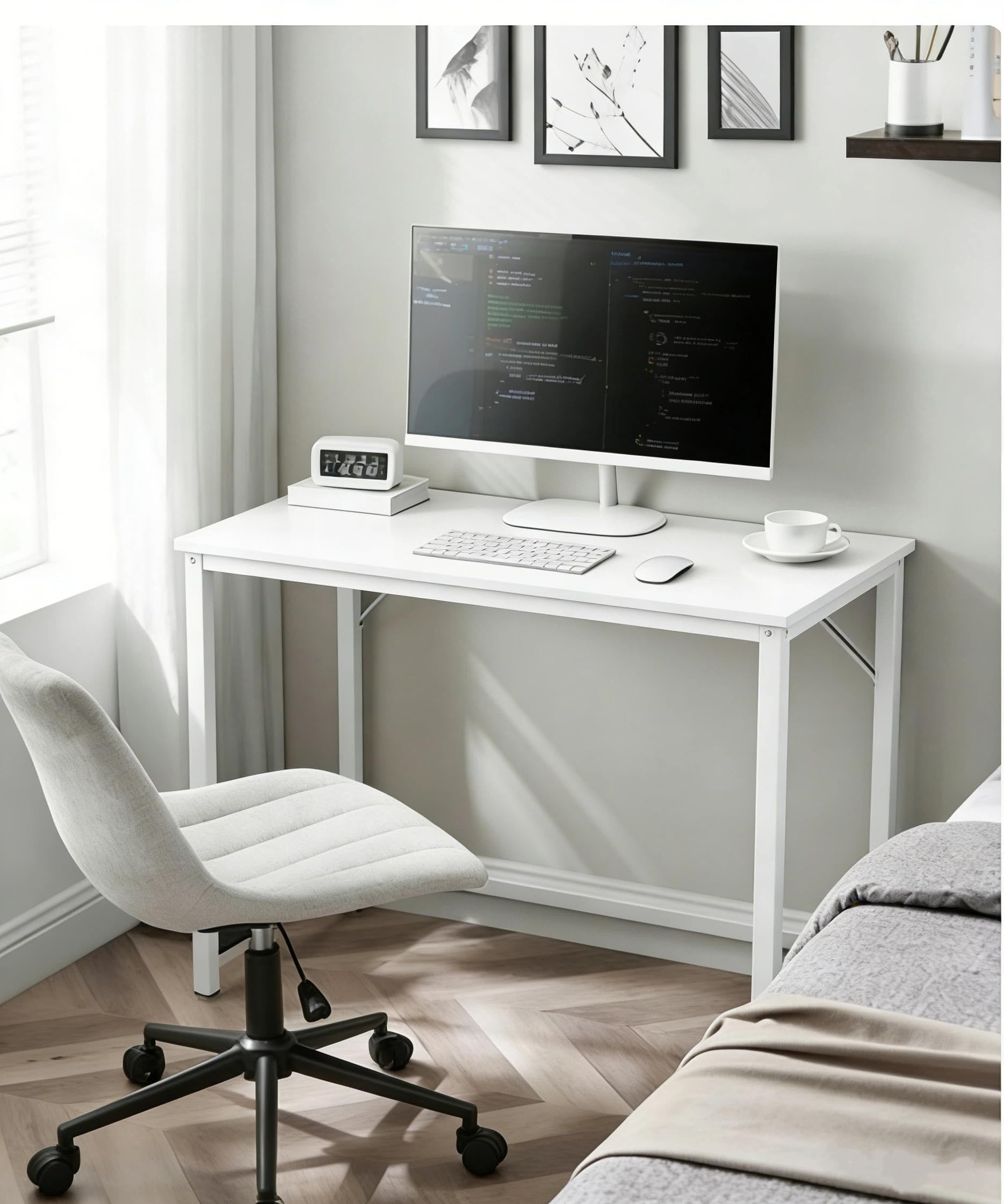 Bureau d'Ordinateur, Table, 100 x 50 x 76 cm, pour Bureau, Chambre, Salon, Cadre en Métal, Blanc