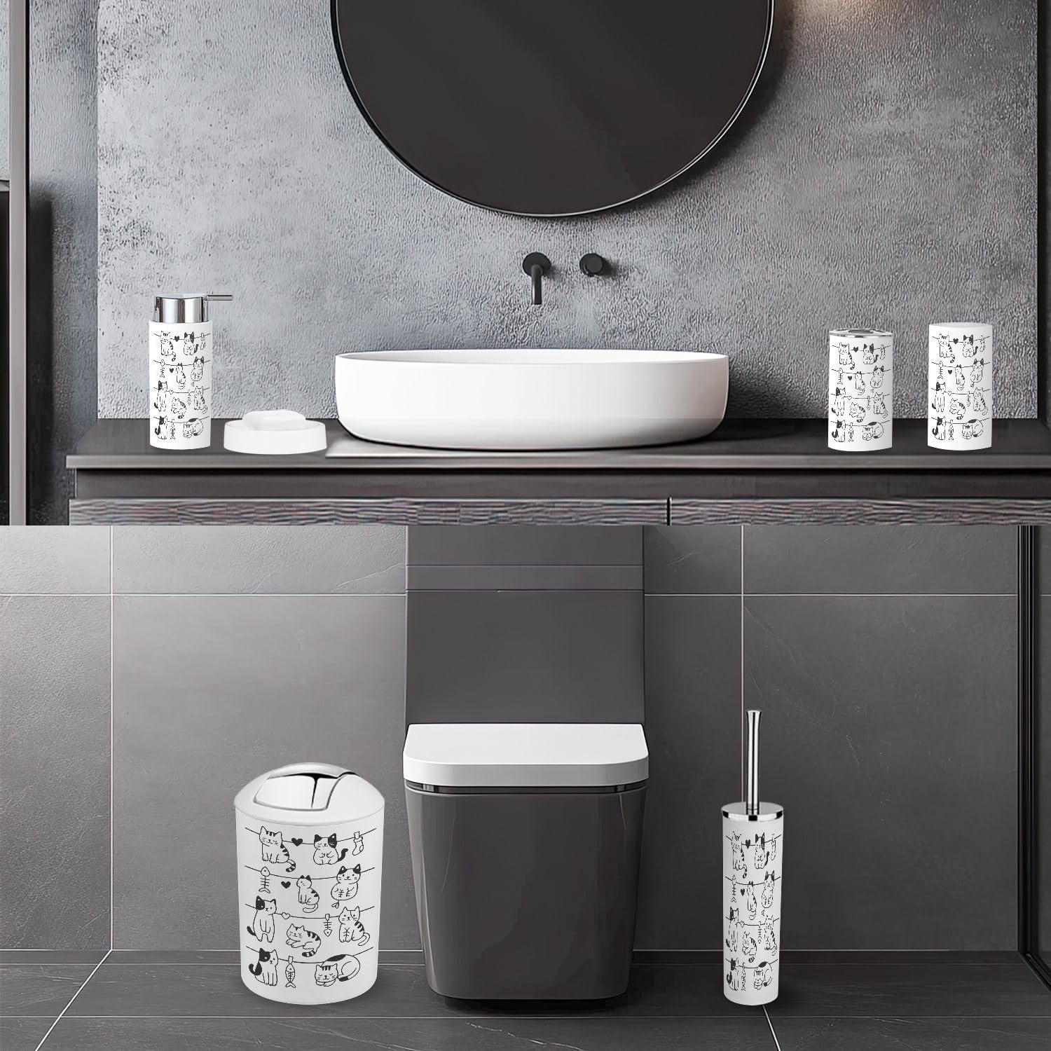Bathroom Accessory Set 6 Piece Hanging Cute Cats Doodle Hand Drawn Toothbrush Cup Toothbrush Holder Soap Dispenser Soap Dish Trash Can with Lid Toilet Brush Holder Counter Decor
