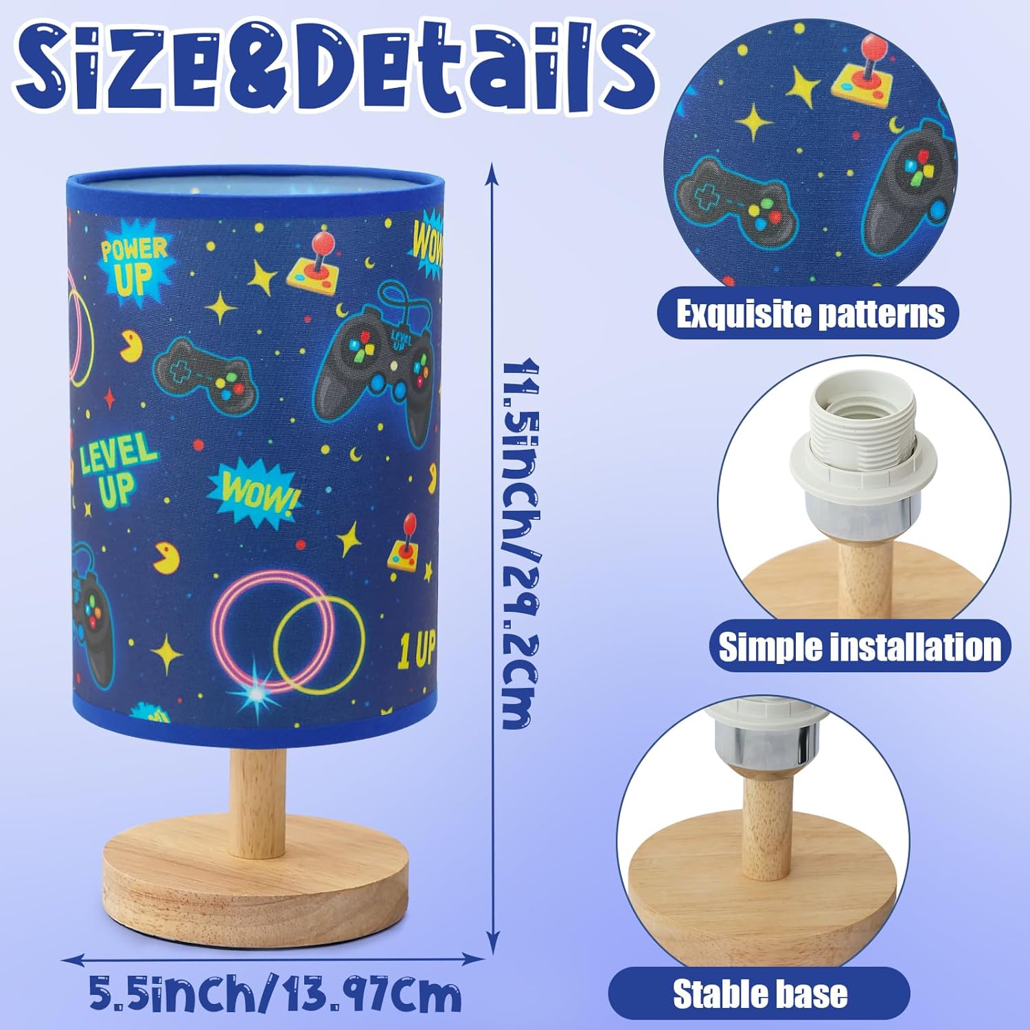 Kids Table Lamp for Bedroom Kids Bedside Lamp with Linen Wooden Nightstand Cartoon Nursery Lampshade for Boys Girls Room Decor (Video Game)