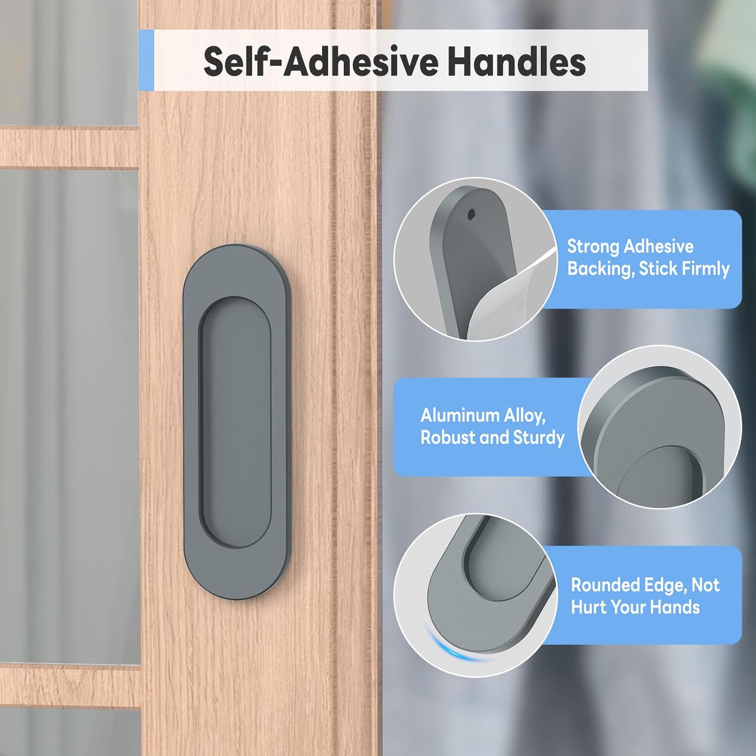 8 Pack Self Stick Sliding Door Handles, Aluminum Alloy 4 Inch Self Adhesive Cabinet Knobs for Push-Pull Glass Barn Doors, Closets, Wardrobes, Windows (8, Grey)