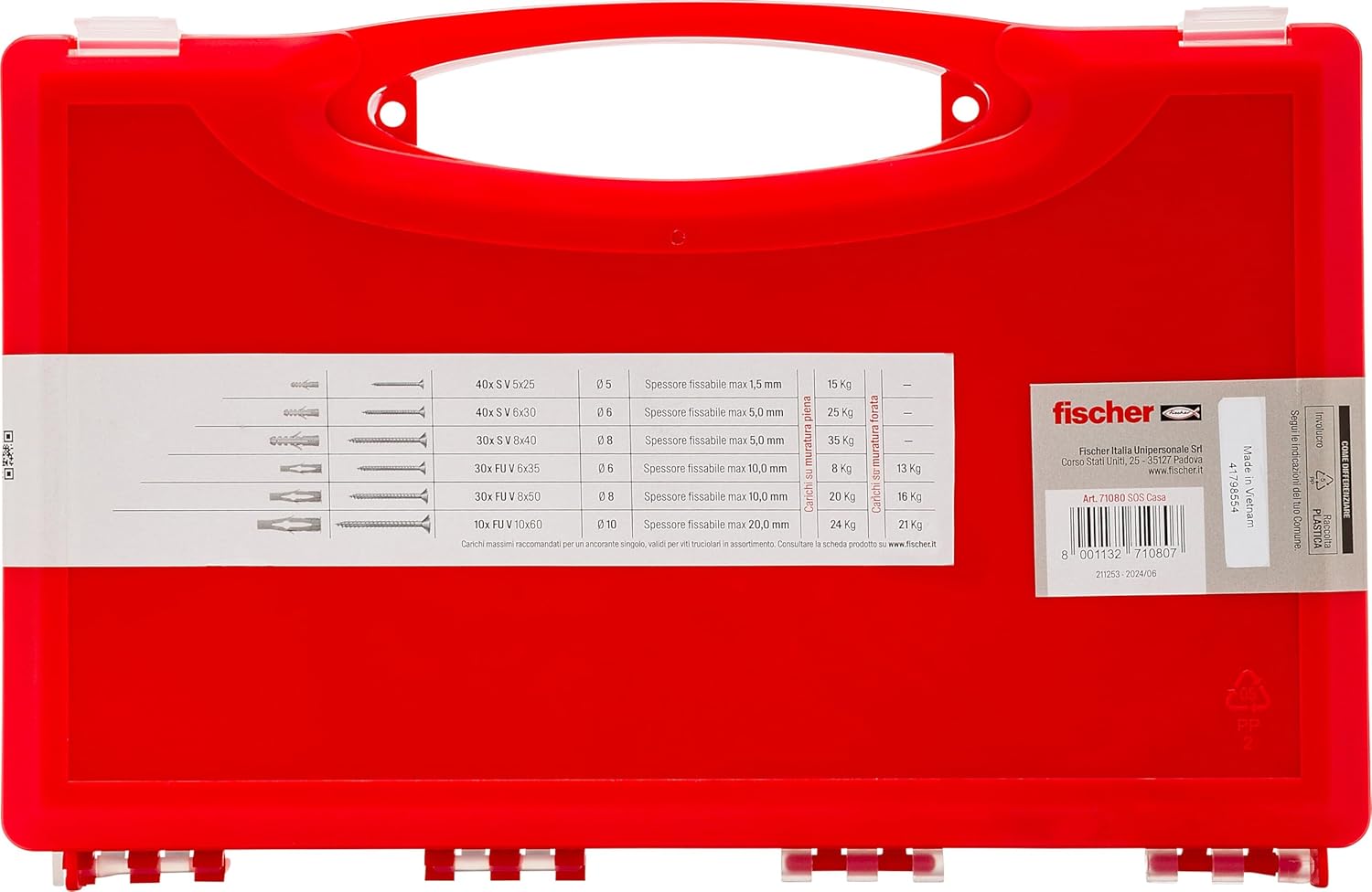 Fischer 71080 SOS Home Kit 360 pcs Wall Plugs and Screws for Full Wall and Perforated Bricks, Grey, Set of 360 Pieces