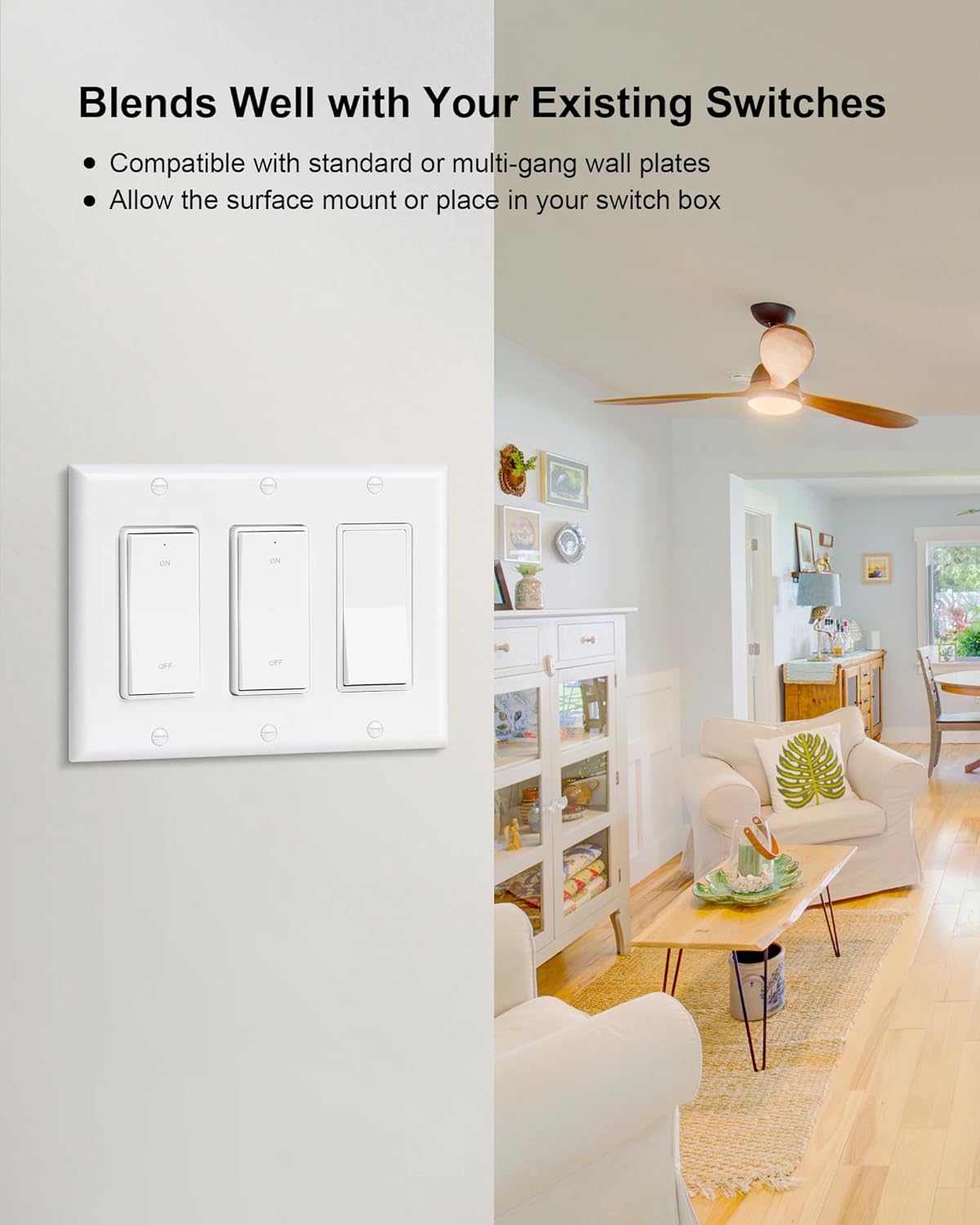 3 Way Wireless Light Switch and Receiver Kit, Decorator Rocker Wall Switch, 15A High Power, 200FT Long RF Range, No in-Wall Wiring, Programmable & Expandable for Ceiling Light, Fans, Lamps