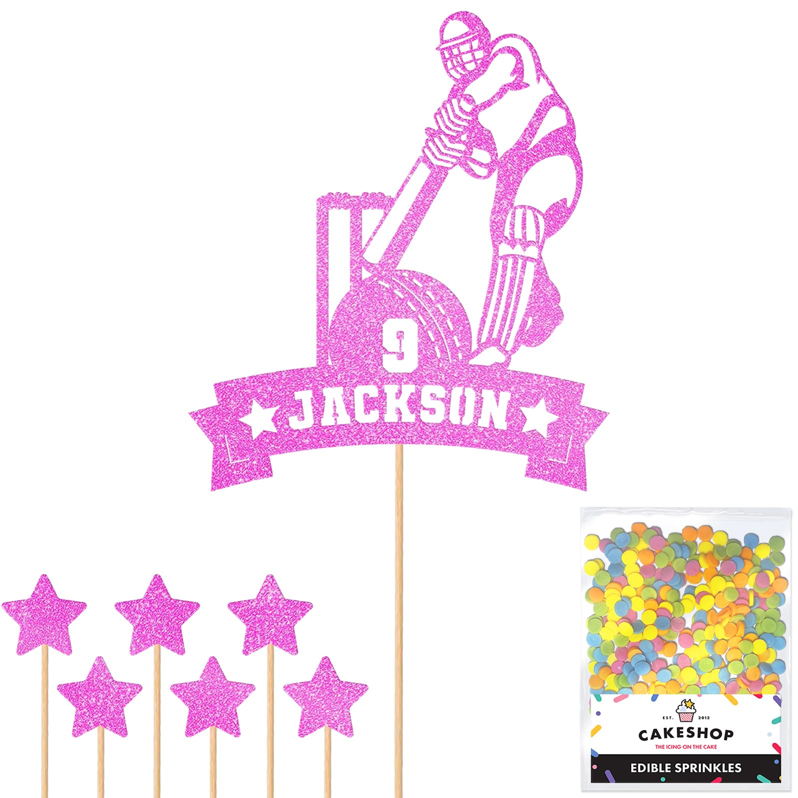 Personalised Cricket Wicket and Bat Glitter Cake Topper Lt Pink Any Custom Age & Name Glitter Cake Decoration and Sprinkles - Happy Birthday Decorations - Personalised Toppers for Cakes by Cakeshop