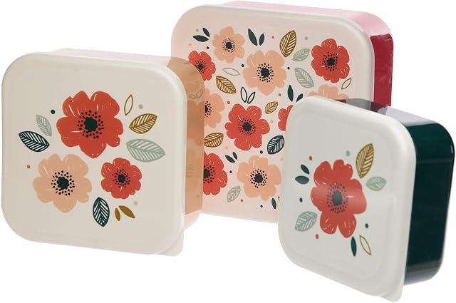 Puckator Pick Of The Bunch Poppy Fields Red Reusable Lidded Snack Pot Lunch Box Set of 3, BPA Free PVC, Work School Travel Home, Medium 4.5x10x10cm Large 5.5x11.5x11.5cm Xlarge 6x13.5x13.5cm