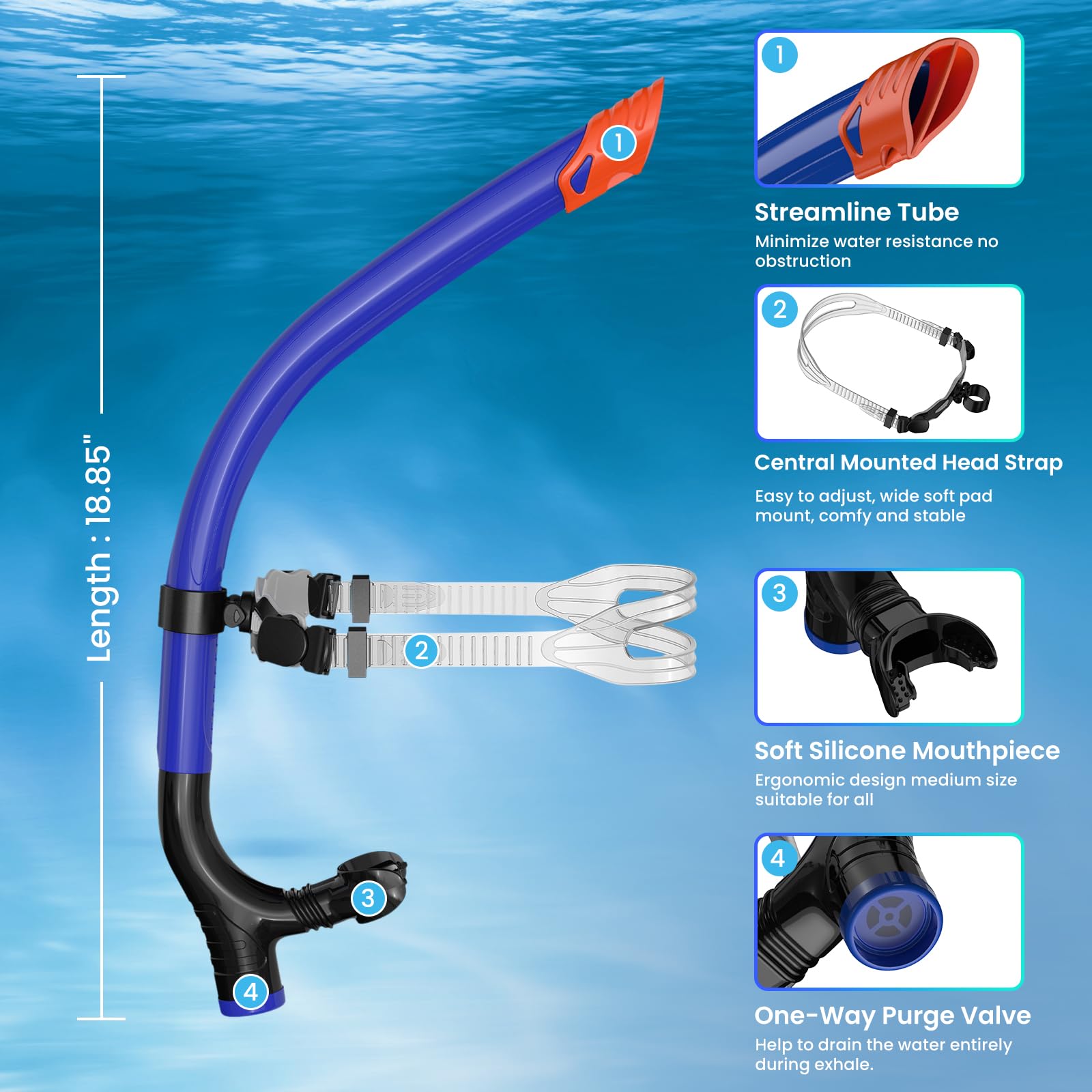 Snorkel Lap Natación Nadador Entrenamiento Buceo Snorkeling para Piscina Aguas Abiertas, Azul