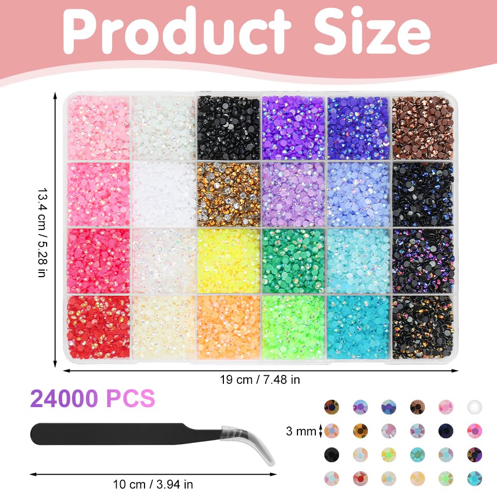 24 kolory kryształki do paznokci, 24000 sztuk brokatu do paznokci Nail Art 3 mm z pincetą, DIY brokat do paznokci, do makijażu, rękodzieła, odzieży, etui na telefony komórkowe - standard