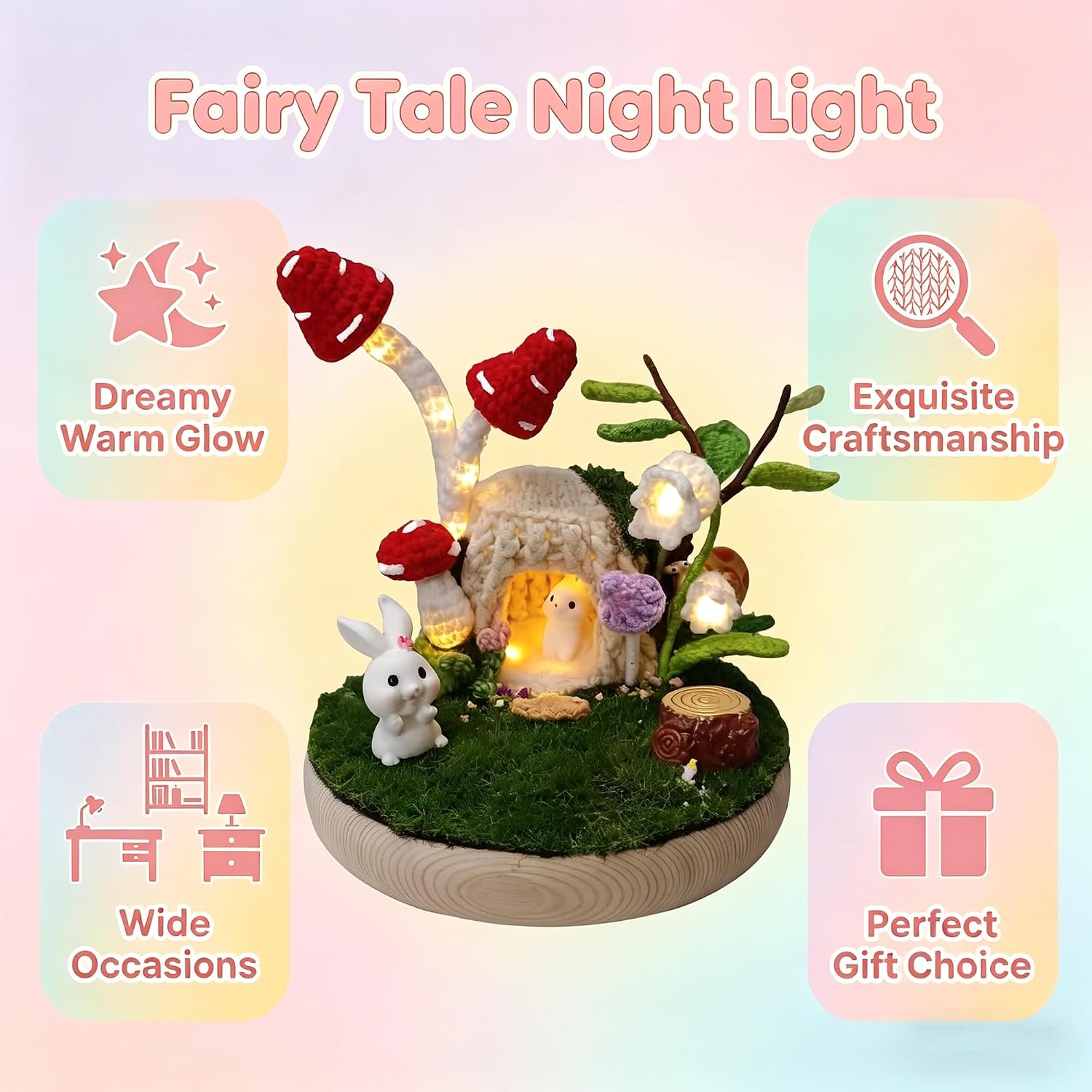 Handmade Crochet Mushroom House Bunny Night Light, Fairy Forest LED Flower Lamp, Cute Flower Desk Lamp, Unique Handmade Gifts for Women, Ideal Birthday & Holiday Gift for Her