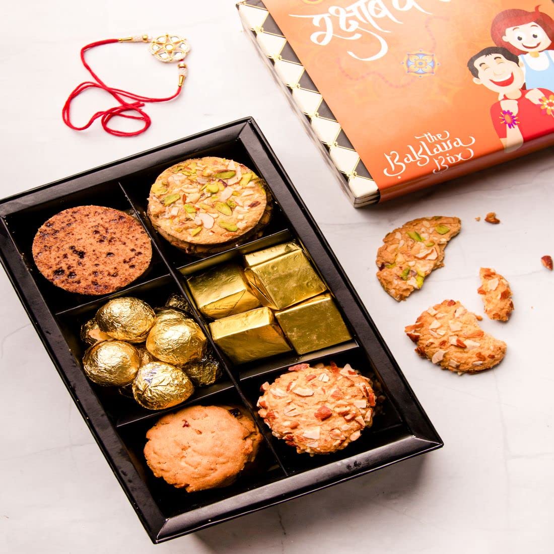 The Baklava Box Assorted Gourmet Cookies & Sweets with Bhaiya & Bhabhi Rakhi for Rakshabandhan Celebration (Pack of 2 Rakhi-750 g)
