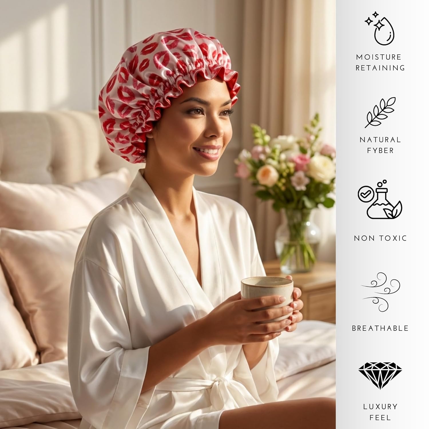 NOCHKA 100% Mulberry Silk Bonnet for Women Hair Care, Double Layered, Silk Hair Wrap for Sleeping with Elastic Stay On (Lips)