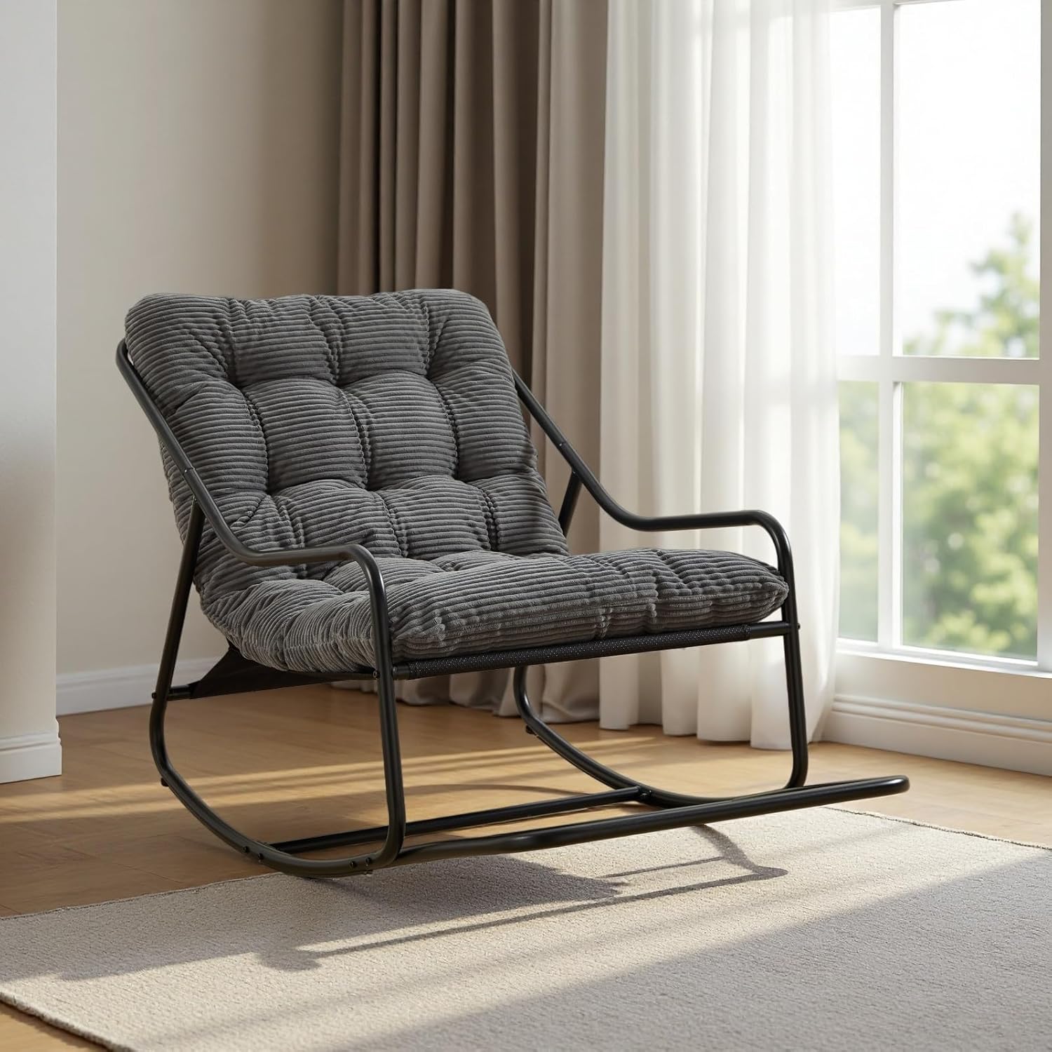 Outdoor Rocking Chair, Patio Recliner Chair with Black Metal Frame & Soft Thick Cushion, Corduroy Upholstered Tufted Rocker Chair with Footstool for Living Room, Soft Lounge Chair, Grey