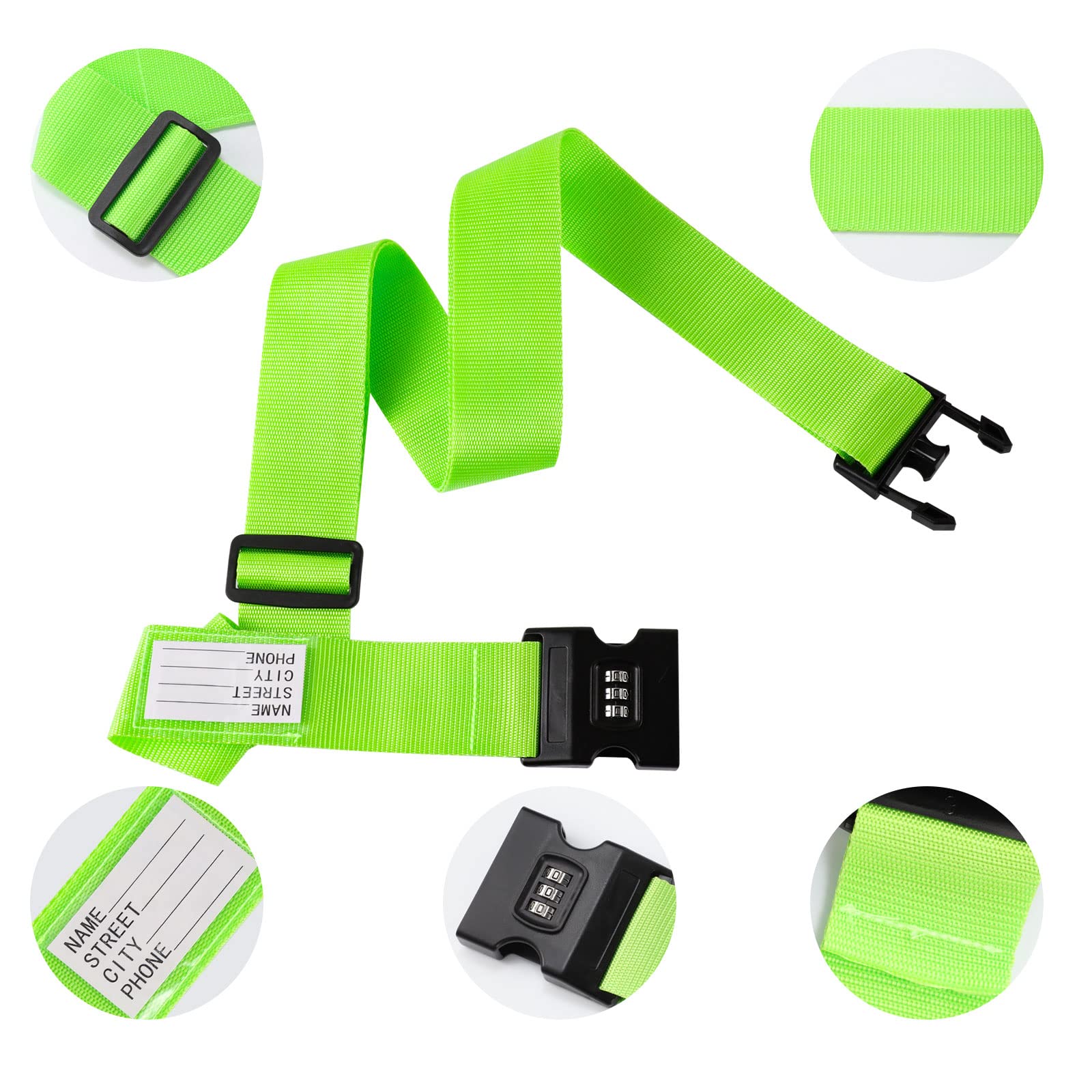 2 Cinghie Per Valigia Regolabili Con Lucchetto A Combinazione, Nylon Resistente, Colore Verde Fluo