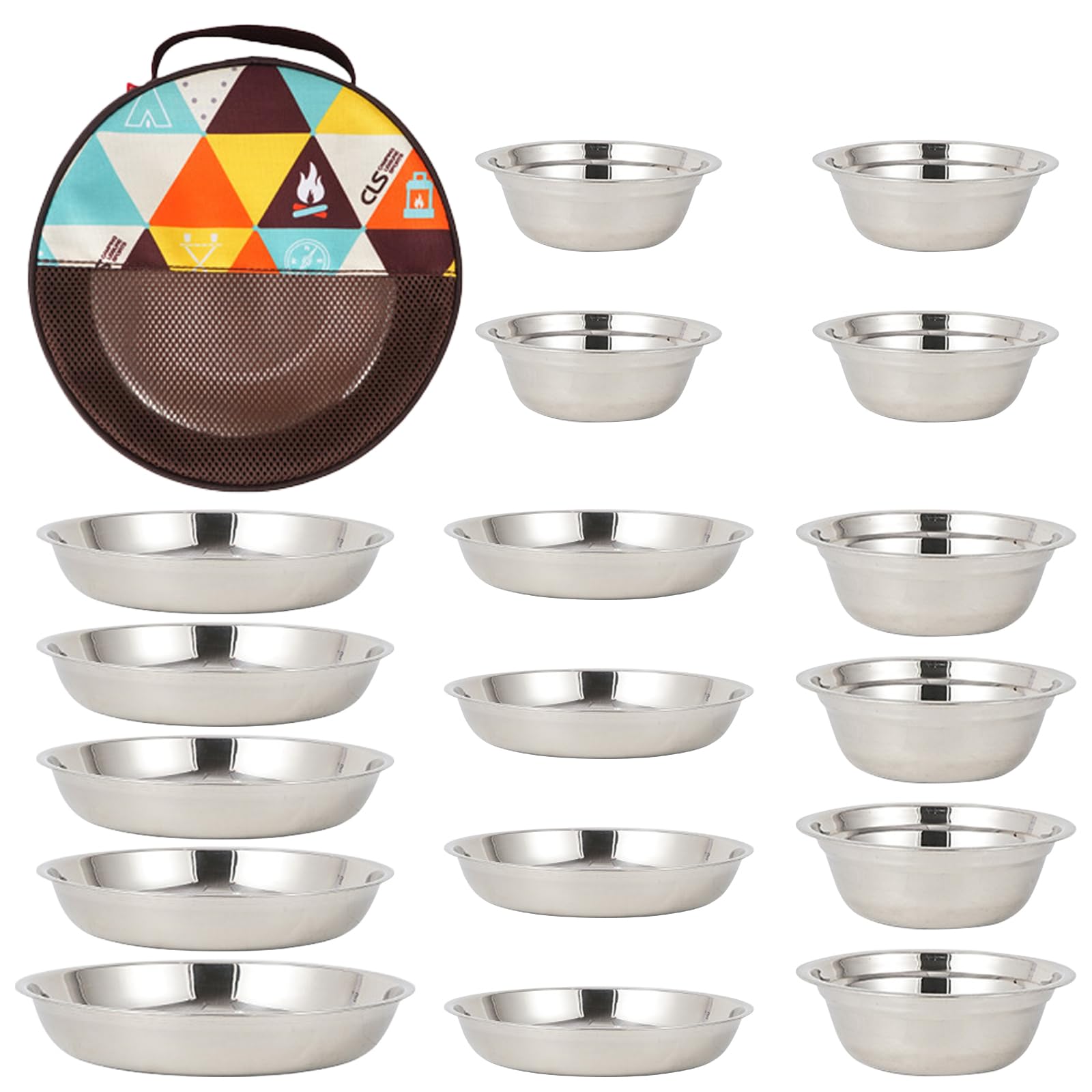 Juego de vajilla de acero inoxidable para camping (17 piezas), paquete familiar con tazones, platos y bolsa de transporte portátil. Ligero, perfecto para camping, senderismo, picnics y viajes