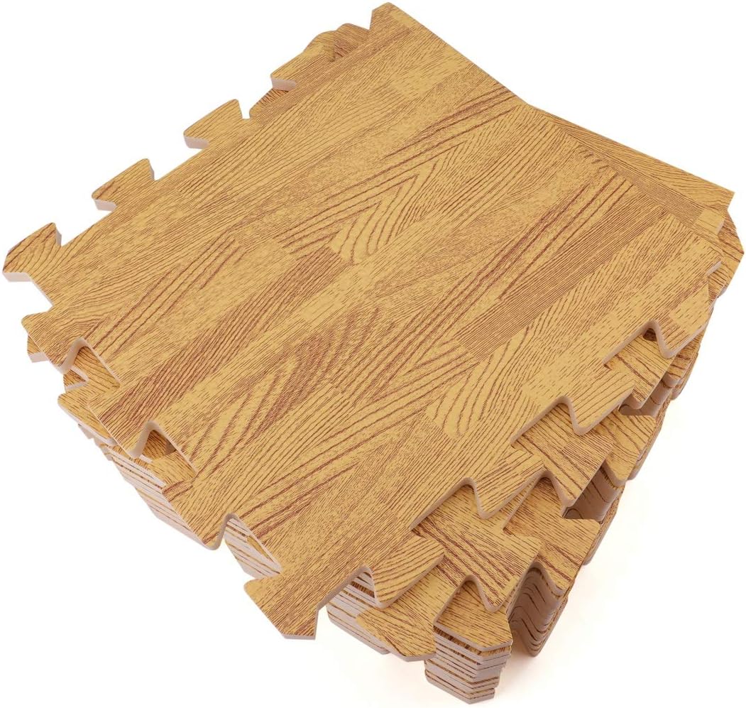 Tebery 16 Pieces Printed Wood Grain Floor Tiles 3/8-Inch Thick EVA Foam Puzzle Floor Mat (Light Wood)