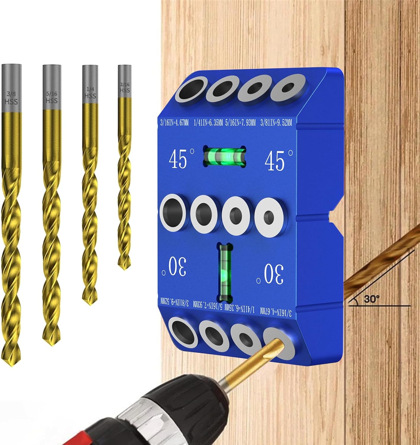 30 45 90 Degree Angle Drill Guide Jig for Hand Drill, Angle Drill Guide for Straight Holes and Angle Drilling, used for Stairs Handrails, Cable Railings, Decks, and Wood Posts Level design，with 4 Bits