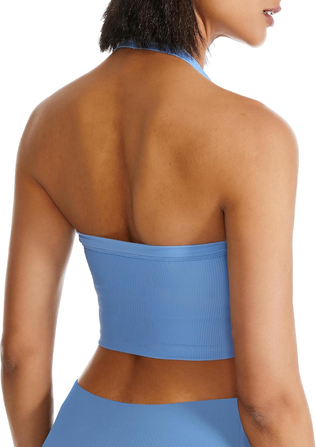 Halter Sports Bra Longline Open Back Workout Top Ribbed Crop Tank Tops with Built in Bra Gym Yoga Push Up - Image 3