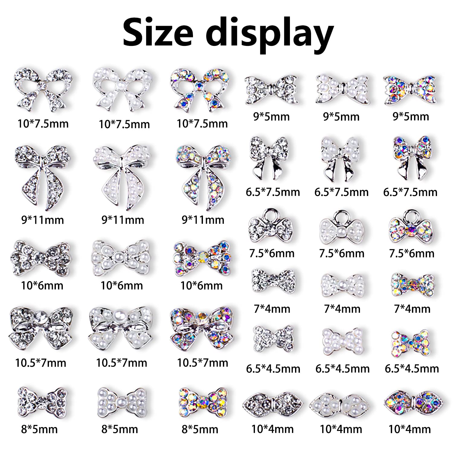 33 Pcs Silver Alloy Bow Charms for Nails Bow Nail Charms Gems Bowknot Nail Studs Inlaid Pearl Clear Iridescent Rhinestone for Women Nail Art