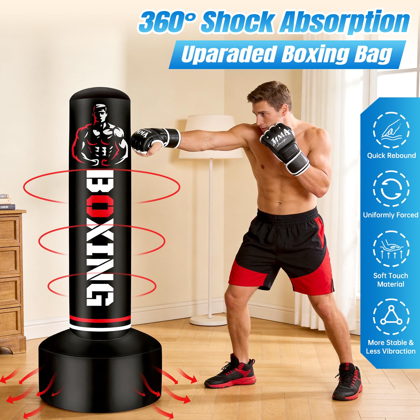 Boxsack Stehend Erwachsene 180cm mit Boxhandschuhen und Pumpe, Standboxsack für Training MMA Kickboxen