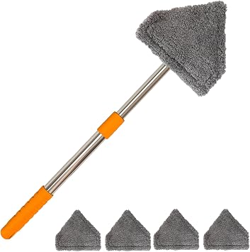 Windshield Cleaner Tool, Car Window Squeegee with 4 Reusable Microfiber Pads, 13"-16.7" Telescopic Extendable Handle, 180 Rotating Glass Cleaner for Auto Interior, Shower Glass, Household Windows