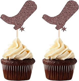 Glitter Brown Boots Cupcake Toppers Western Cowboy Theme Dessert Decoration Picks Baby Birthday Party Photo Props - 24 Counts