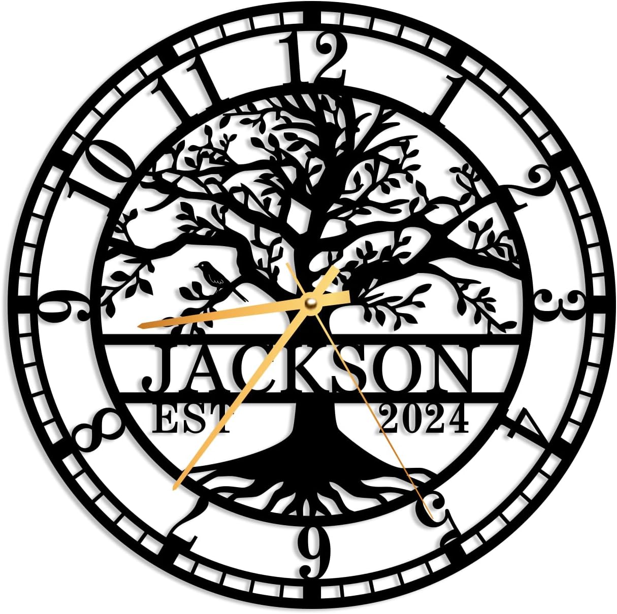 YTDESIGN Personalized Tree of Life Wall Art Clock, Custom Outdoor Large Last Name Wall Clocks, Personalized Wall Clock with Family Name and Established Date, Silent Non-Ticking, Housewarming Present