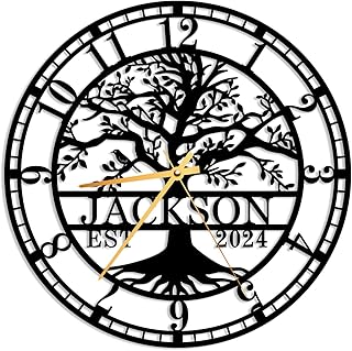 YTDESIGN Personalized Tree of Life Wall Art Clock, Custom Outdoor Large Last Name Wall Clocks, Personalized Wall Clock with Family Name and Established Date, Silent Non-Ticking, Housewarming Present