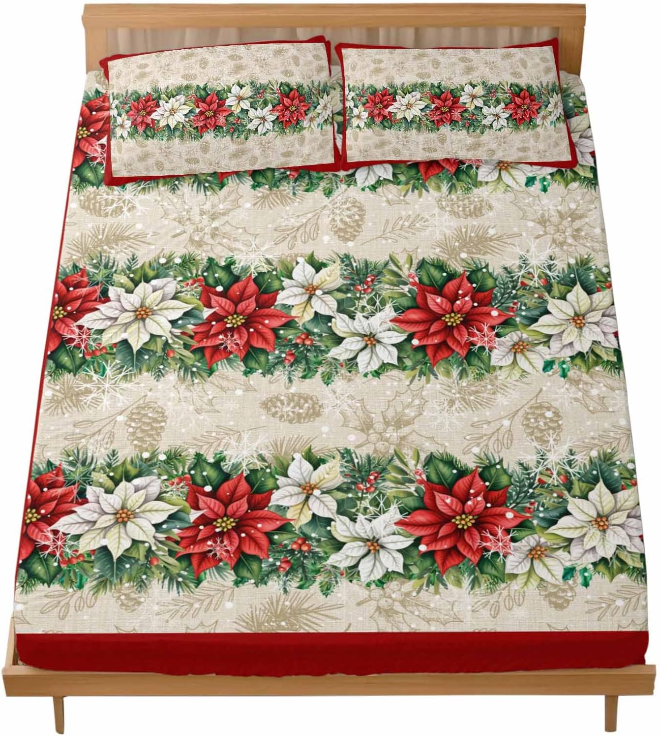 King Fitted Sheet Deep Pocket Bed Sheets with Elastic,Xmas Poinsettia Floral Berry Vintage Flower Back Soft Brushed Microfiber Bed Sheet Set,Christmas Holly Leaf Mattress Cover with 2 Pillowcase