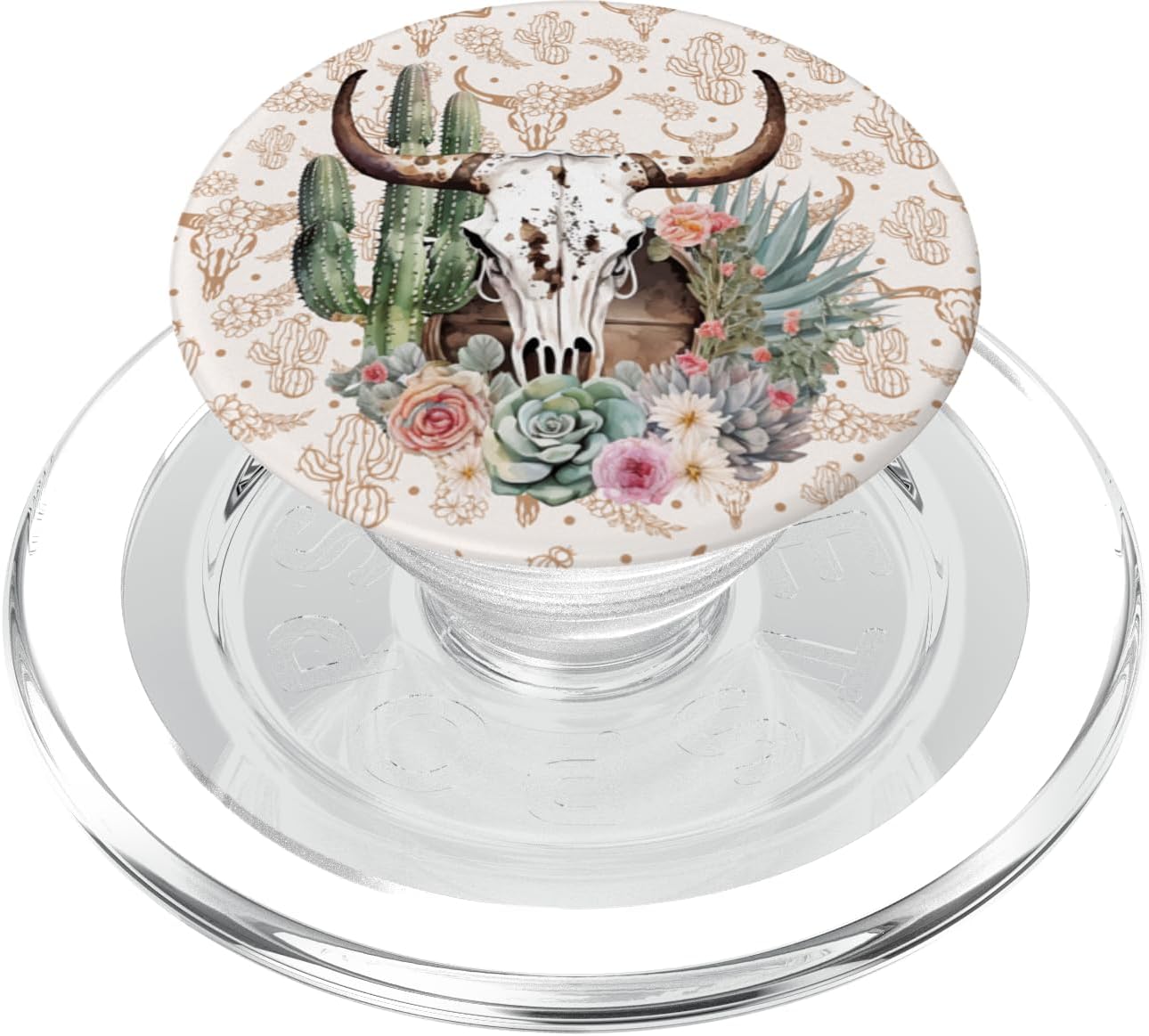 Western Boho Chic Longhorn Bull Skull Cactus Beige Pattern PopSockets PopWallet for MagSafe