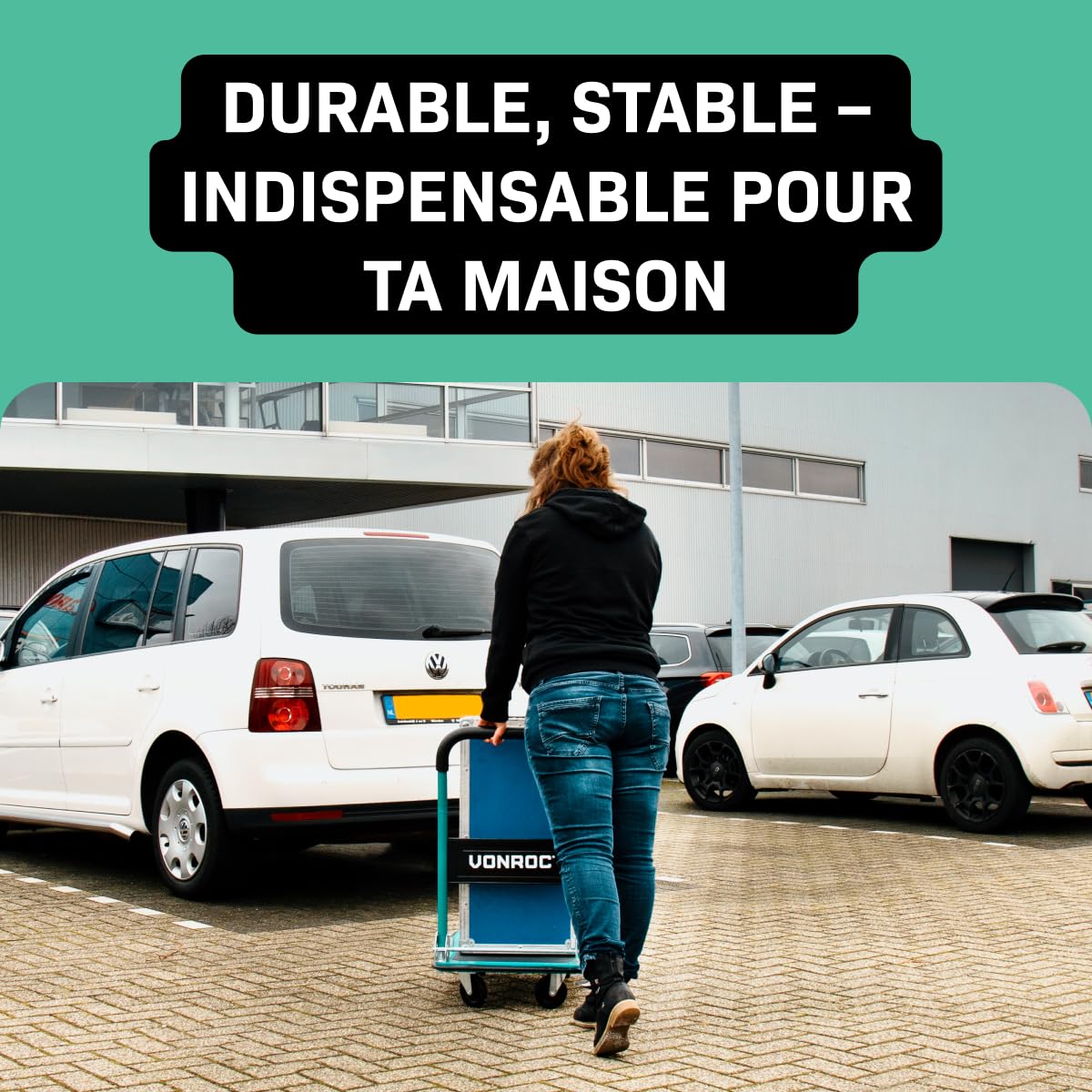 VONROC Chariot Plateforme Pliable 150 kg – Plateau Antidérapant 47 x 73 cm – 2 Roues Pivotantes 360° – Poignées Softgrip – Chariot de Transport pour Atelier, Déménagement et Usage Professionnel