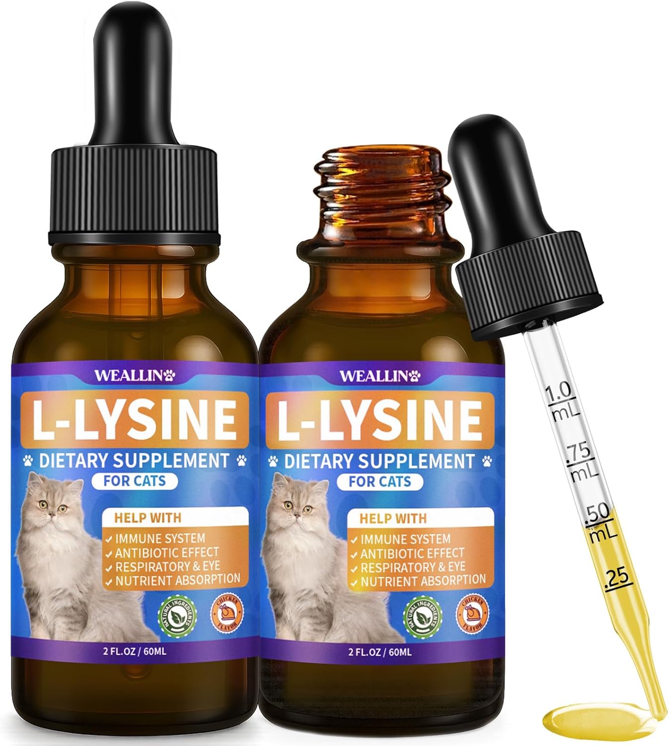 WEALLIN L-lysine Supplement for Cats, Immune Support for Cats, Support for Feline Respiratory, Sneezing, Runny Nose, Eye Function, Helps Strengthen Natural Defenses, Chicken Flavor (2PCS)