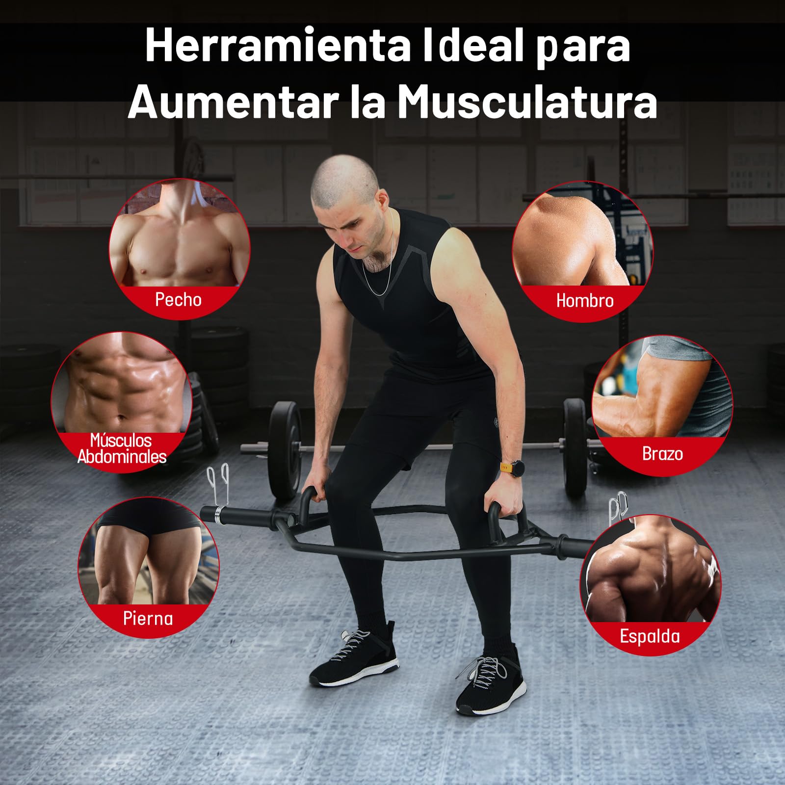GYMAX Barra Hexagonal Olímpica, Barra Trapezoidal para Entrenamiento de Fuerza con Manguitos Cargables y Collares de Resorte de 26 cm, Barra de Encogimiento de Pesas
